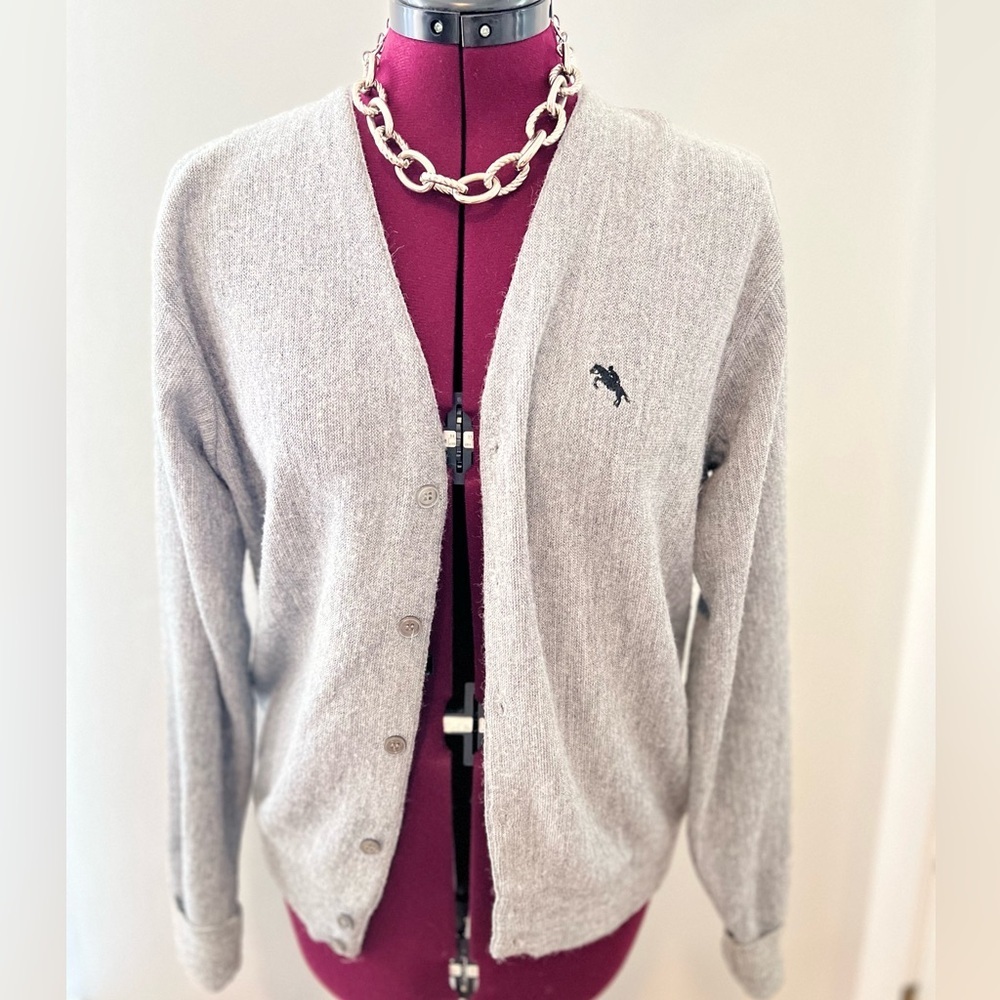 Cardigan size Medium brand is Steeplechase.  Color is a medium heather gray.